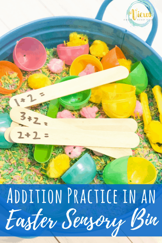 This Easter sensory bin is made with colored rice, plastic eggs, little chicks and fine motor tools. Bright and colorful, this rice bin is fun for all ages.