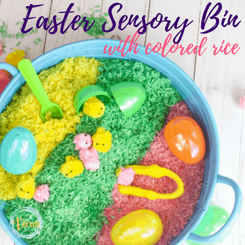 This Easter sensory bin is made with colored rice, plastic eggs, little chicks and fine motor tools. Bright and colorful, this rice bin is fun for all ages.