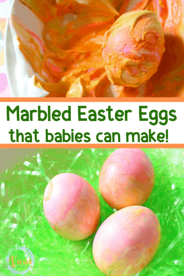 Dyeing Easter eggs with Cool Whip or shaving cream is such a fun baby-safe Easter egg activity. Engage in some fun sensory play while dyeing eggs! #eastereggdyeing #eastereggswithcoolwhip #babysafeeastereggs #viewsfromastepstool #easteractivities #kidsactivities