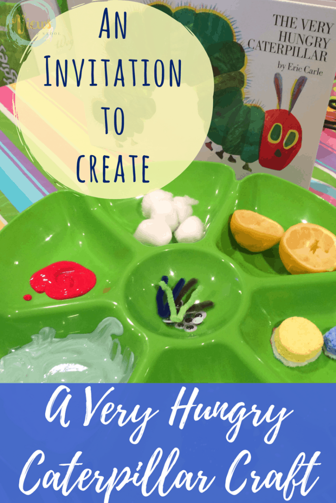 An invitation to create a Very Hungry Caterpillar craft for kids. Using circular items like cut sponges and citrus halves, kids can create a caterpillar.