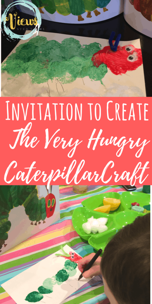 An invitation to create a Very Hungry Caterpillar craft for kids. Using circular items like cut sponges and citrus halves, kids can create a caterpillar.