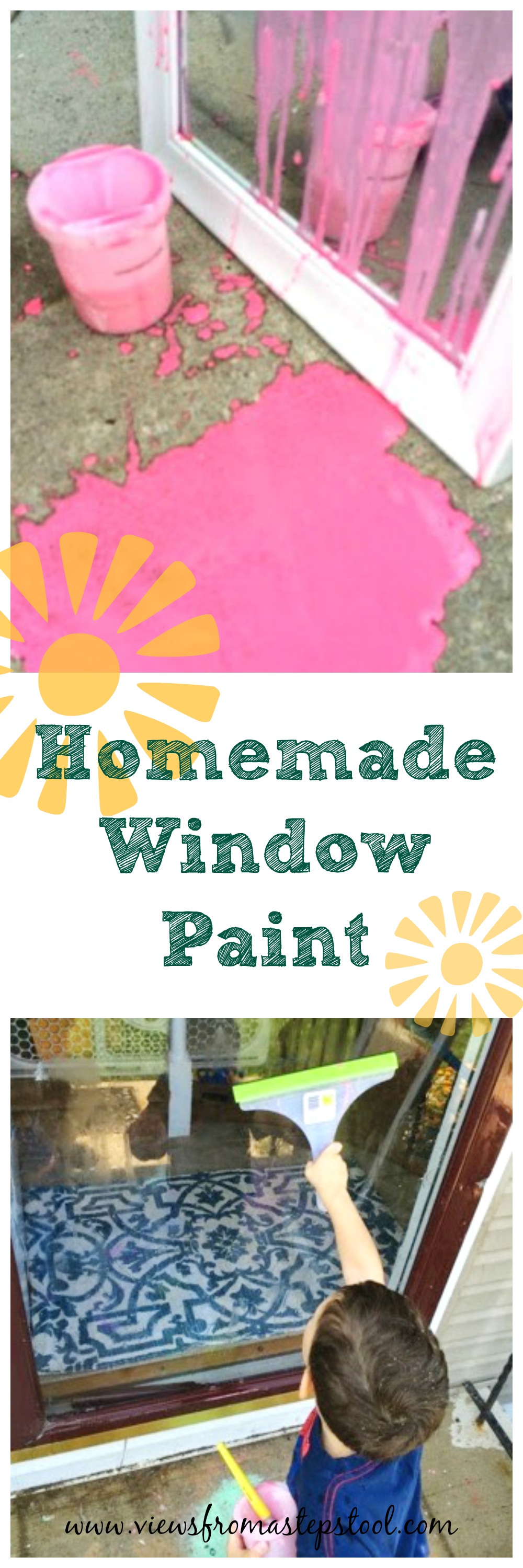 Make your own homemade window paint and take it outside! The will kids will love to make this recipe again and again. Paint and wash, paint and wash. Outdoor art is a great boredom buster and a great excuse to wash the windows!