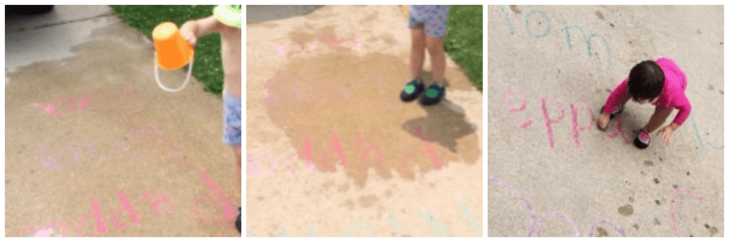 Learning letter and sight words is something that often occurs through play. When introducing these topics, have kids use their entire bodies and gross motor skills to explore the letters, this helps really wire those connections in the brain. Check out how we are learning with sidewalk chalk! 