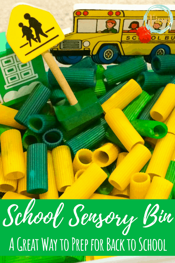 This school sensory bin uses colored pasta as a base and a wooden bus, school and people toys for kids to play with. A great way to prep for back to school. #sensoryplay #parenting #kidsactivities #sensory #spd #preschool #backtoschool