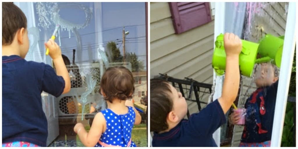 Make your own homemade window paint and take it outside! The will kids will love to make this recipe again and again. Paint and wash, paint and wash.