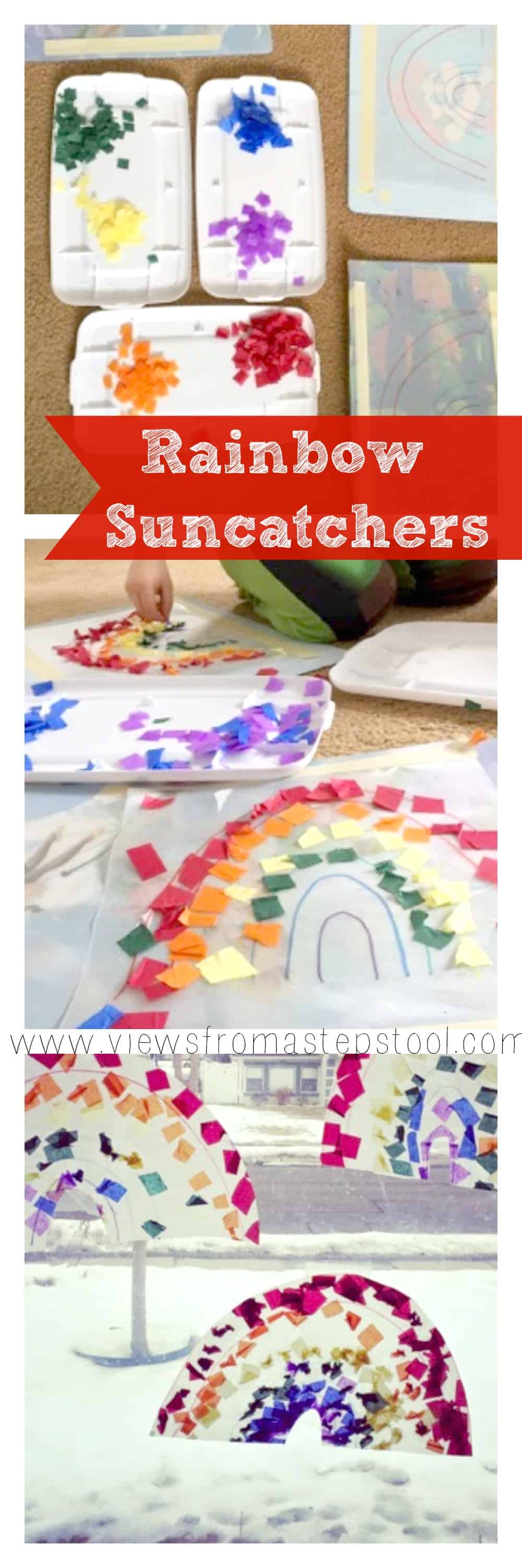 Kid-made rainbow suncatcher decorations for a variety of ages that will brighten up any window and welcome Spring!