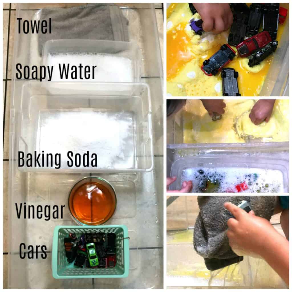 This simple science experiment combines baking soda and vinegar with pretend play, perfect for toddlers! An erupting car wash engages all the senses.