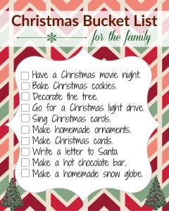 A list of 10 family-fun ideas for the Christmas season. FREE printable to check them off as your go.