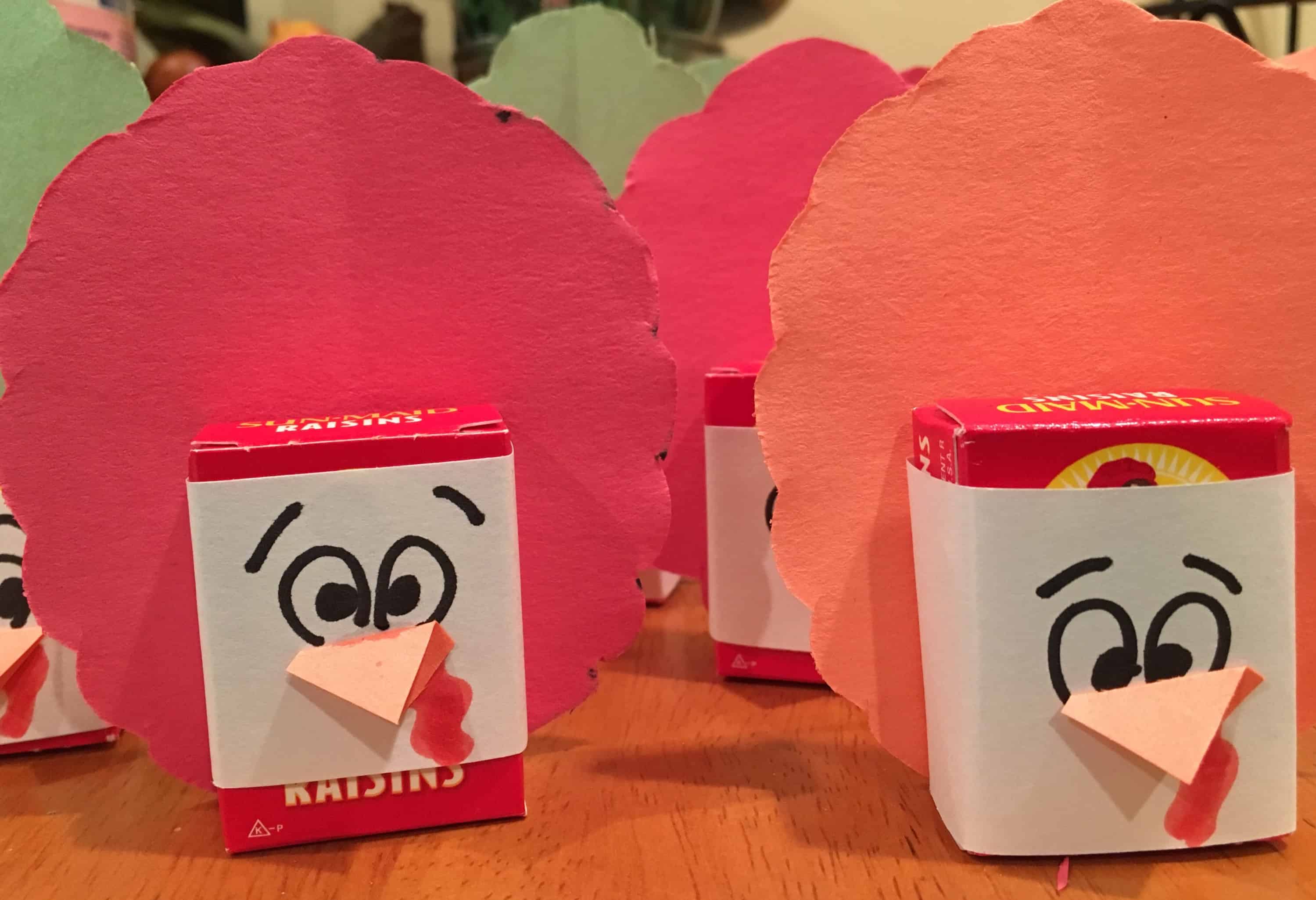 By wrapping raisin boxes in construction paper, you can make cute and healthy Thanksgiving turkeys! Perfect for school parties.