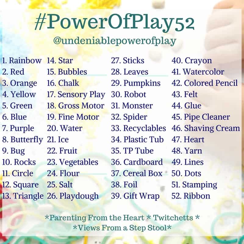 Join the 52 week play challenge on IG and FB with the #PowerofPlay52. Play-based learning is simple, keep your kids busy and learning with these prompts!