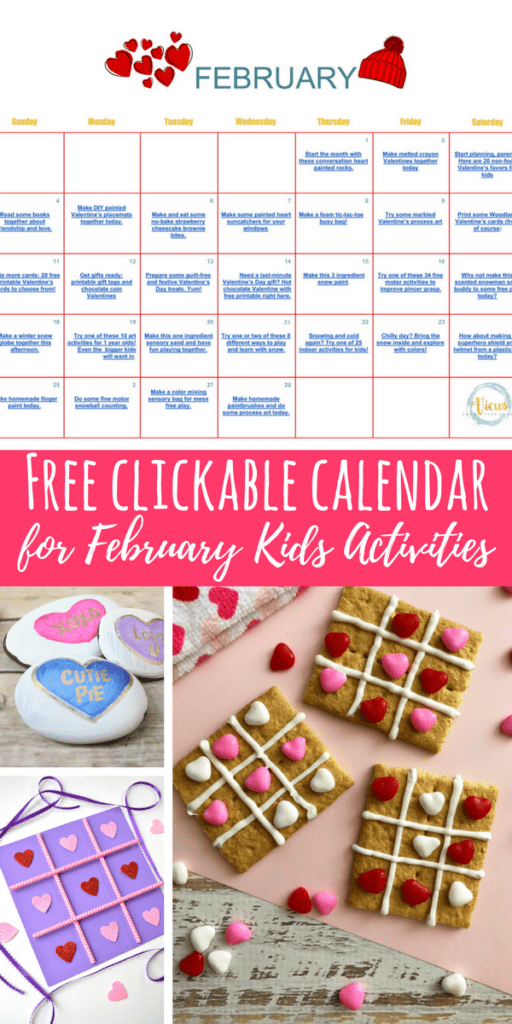 February kids activities in a clickable calendar. Download and save for free and keep your kids busy and learning all month long.