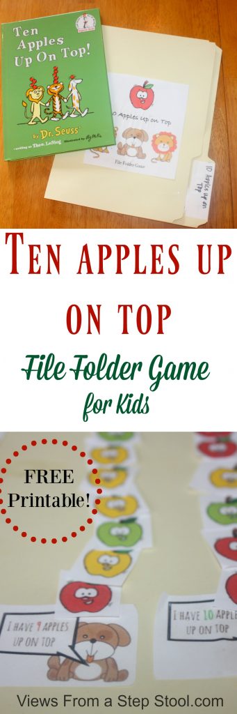 Ten Apples Up on Top is a classic Dr. Seuss kids' book. This ten apples up on top file folder game for kids is the great way to combine learning with books. Use the free printable game to practice counting and reading with you kids. BONUS: throw it in your bag to take with you on the go! 