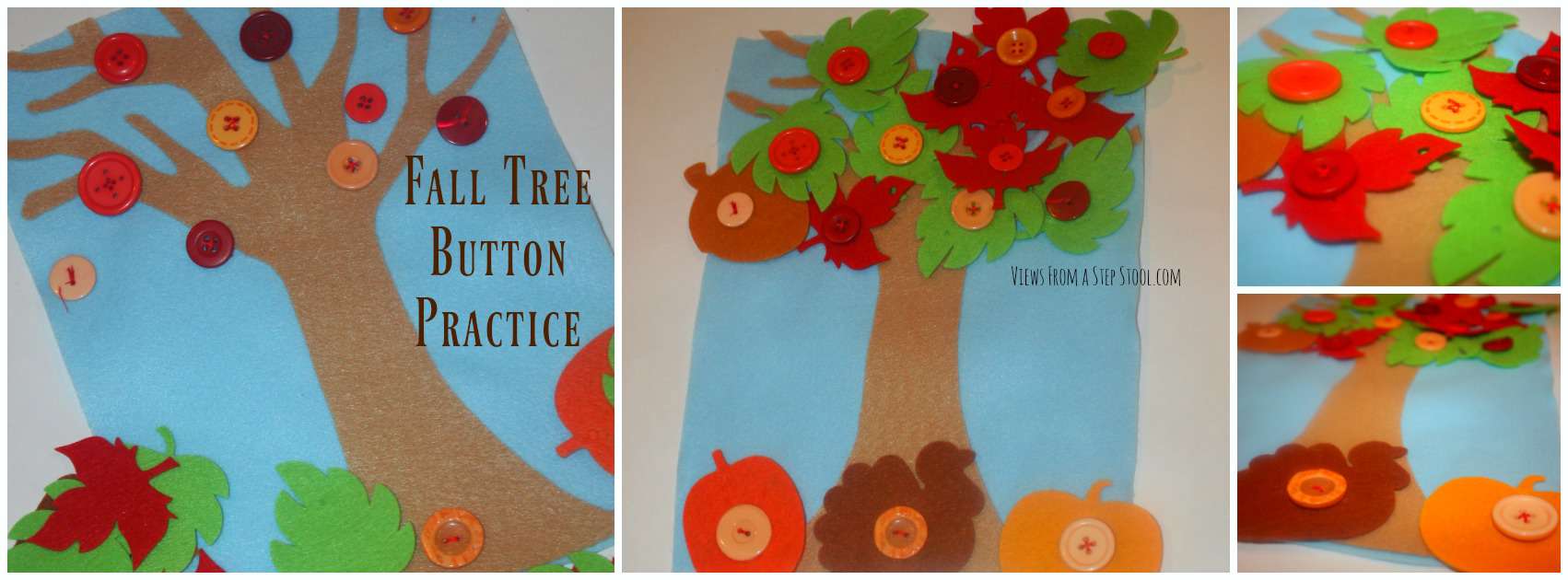 This button practice busy bag is themed for the fall with leaves & pumpkins! Kids can work on fine motor skills by putting the leaves on & taking them off! 