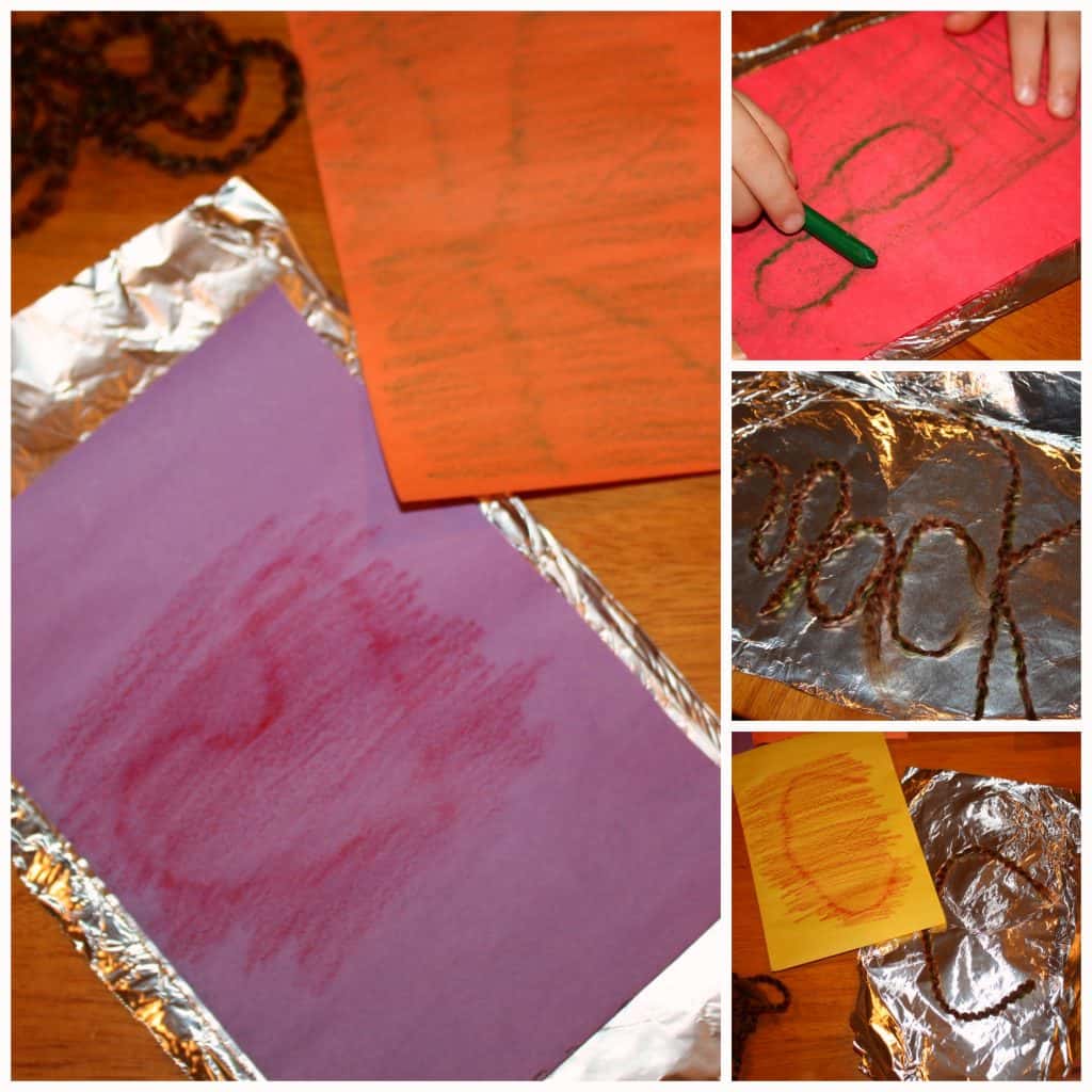 Wow! By sandwiching yarn in some aluminum foil, kids can create a yarn rubbing template to create artwork! This process encourages imagination, trial and error, and some fine motor work. As with all process art, this projects really focuses much more on the process of creating the art, rather than the finished product itself.