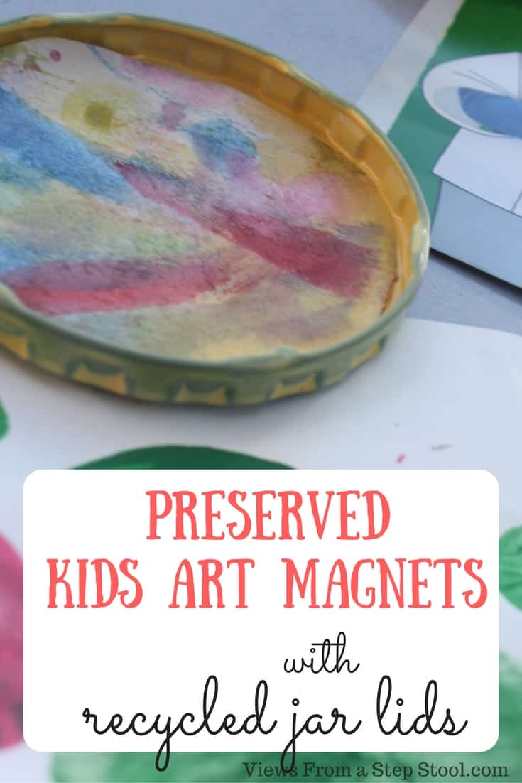 Recycle your old jar lids with these preserved kids art magnet craft that your kids can help you with! They will looks great on your refrigerator! 