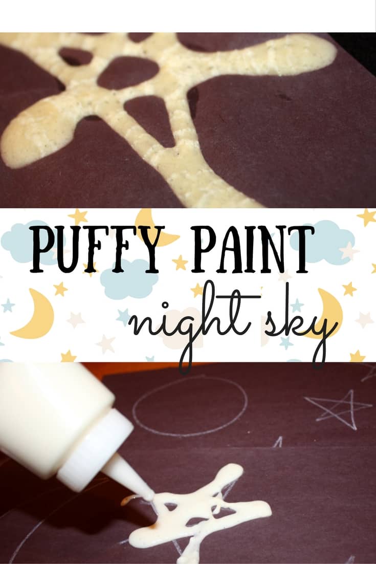 This fun art project based on the book, Time for Bed, creates a puffy paint night sky that can glow in the dark! Fun for kids of all ages. 