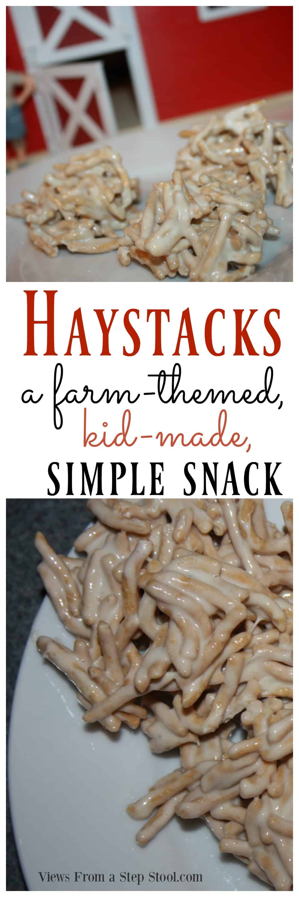 These adorable haystacks are the perfect farm themed snack for kids! Perfect for an activity with the book 'Little Blue Truck'.