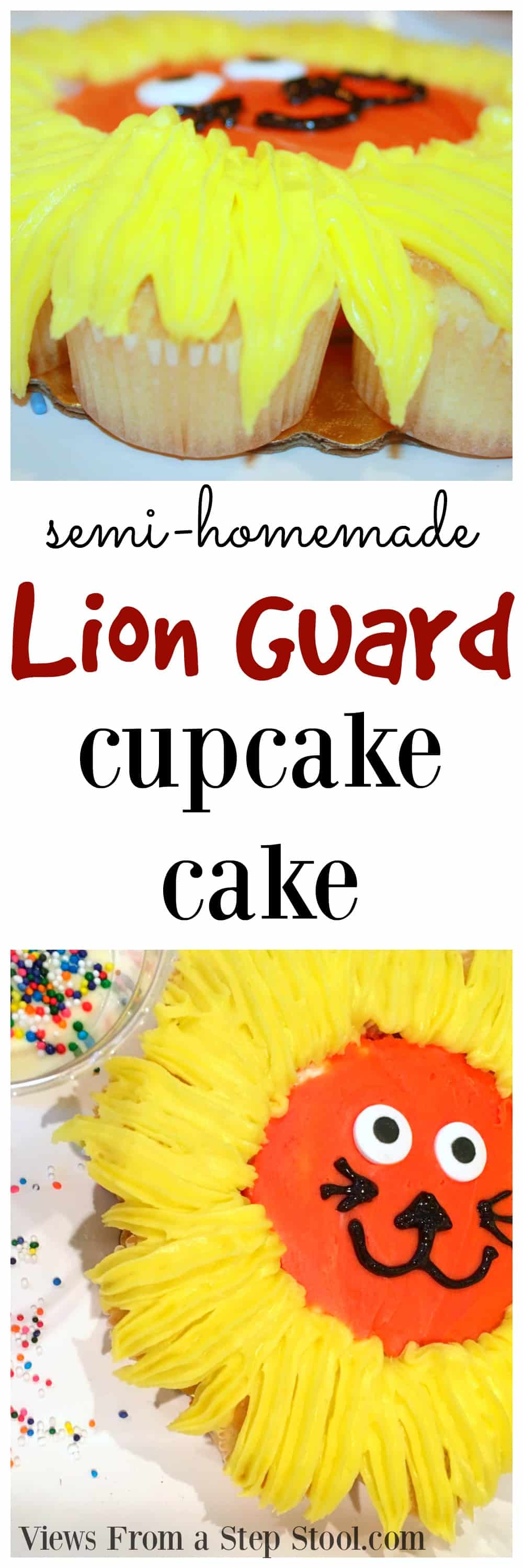 Assemble some pre-made cakes and add a little frosting to make this adorable Lion Guard cupcake cake! Perfect for a kids birthday party! 