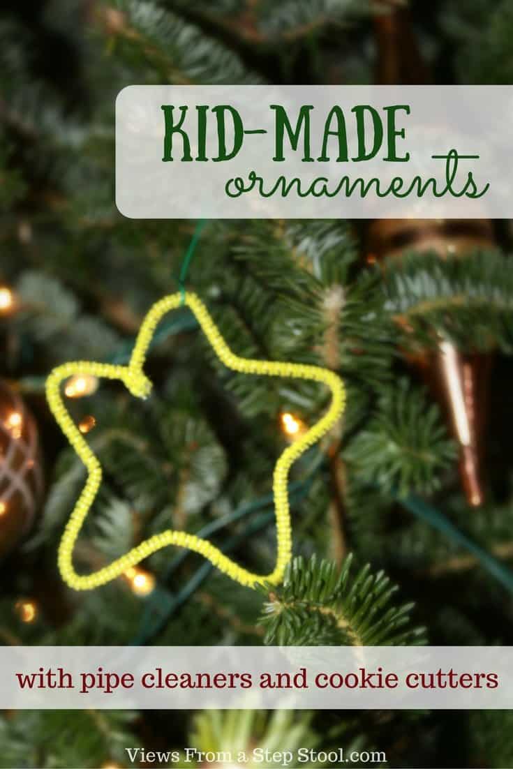 These kid made ornaments are made out of pipe cleaners wrapped around cookie cutters! So simple and easy for kids to make on their own!
