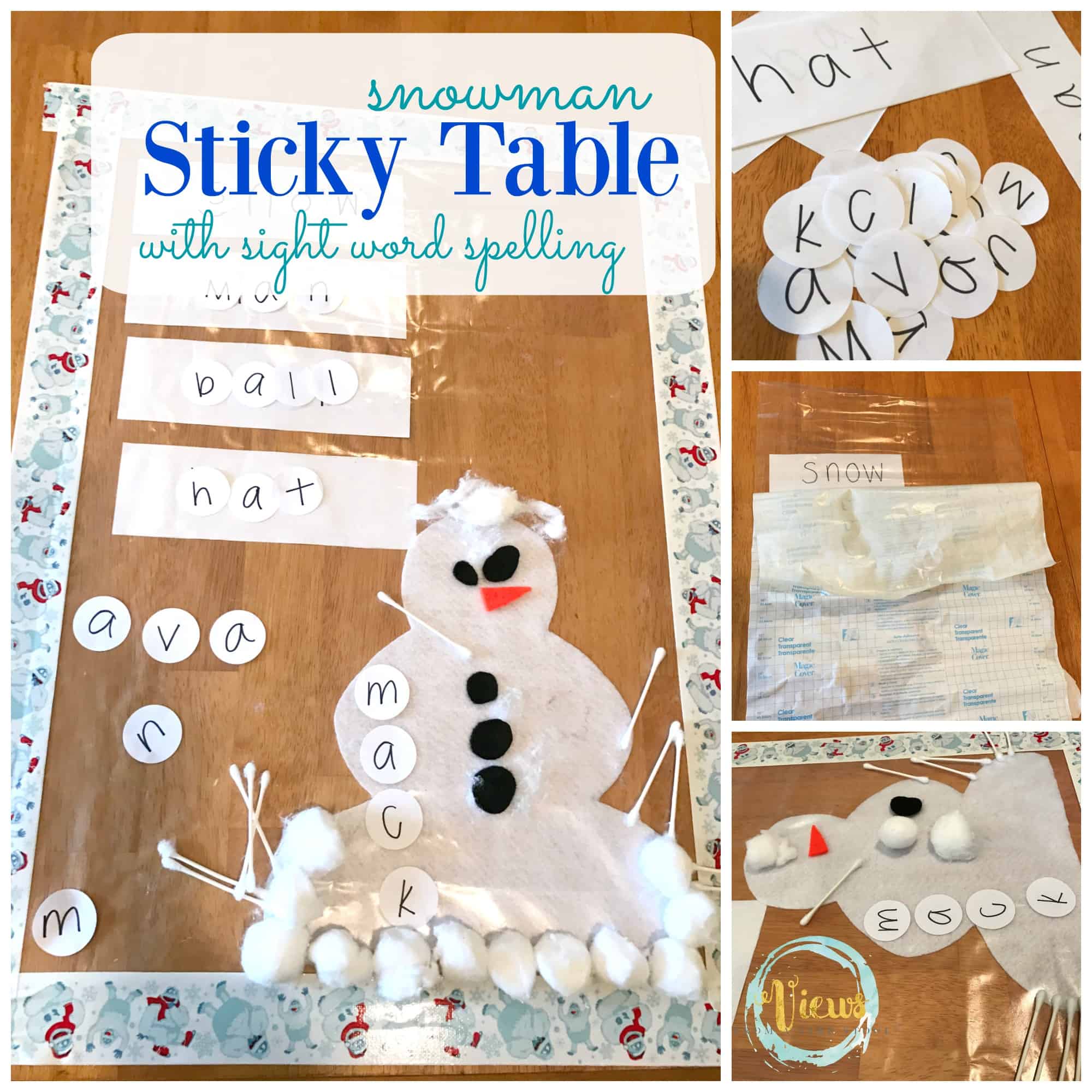This activity is perfect for kids of varying ages. Decorate the snowman or spell snowball sight words on a sticky table! Preschoolers love this!