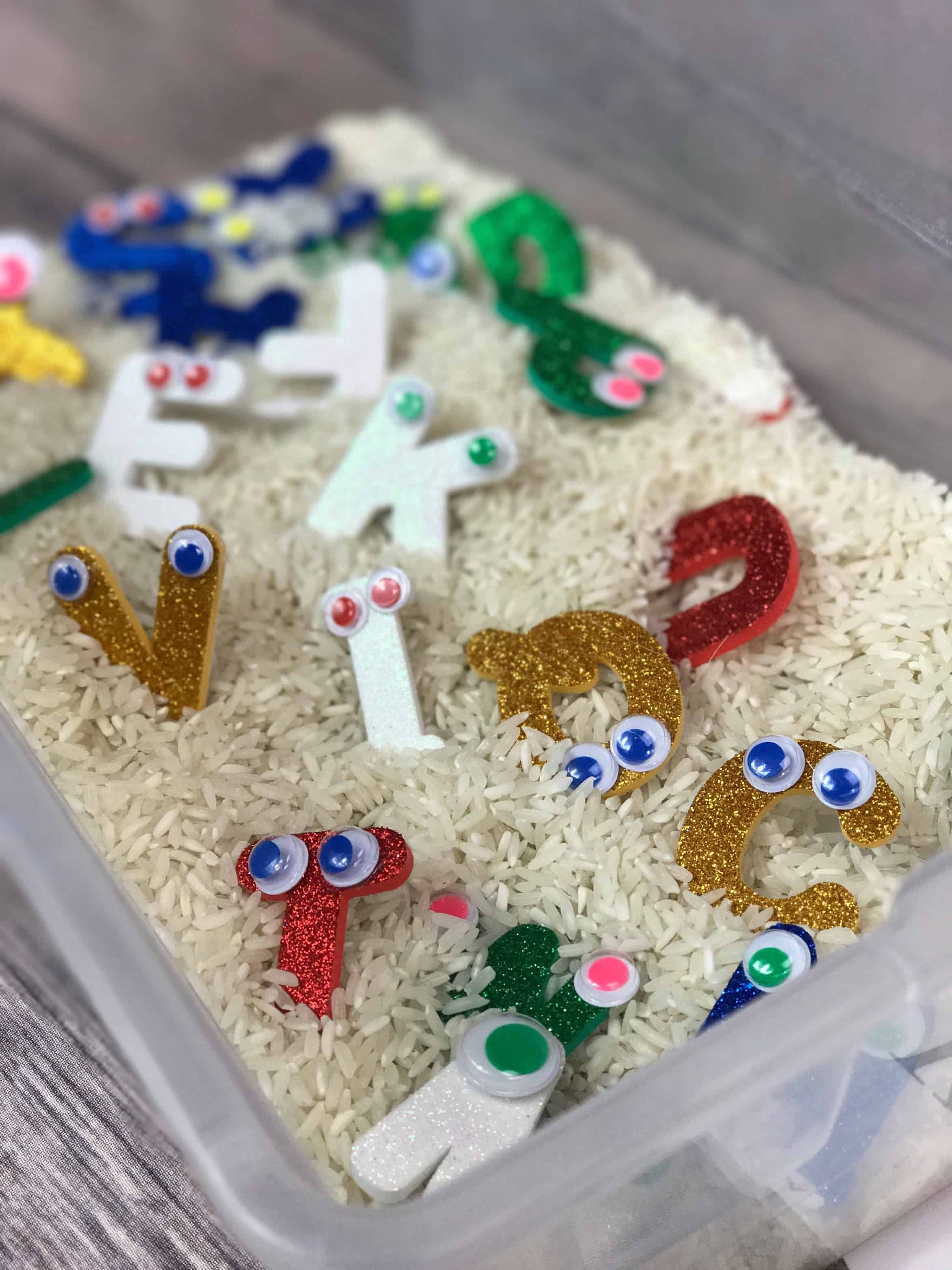 This ABC Monsters sensory bin incorporates some homemade letter monsters and the lovable kids' show, the ABC Monsters! Learn letters through play! 
