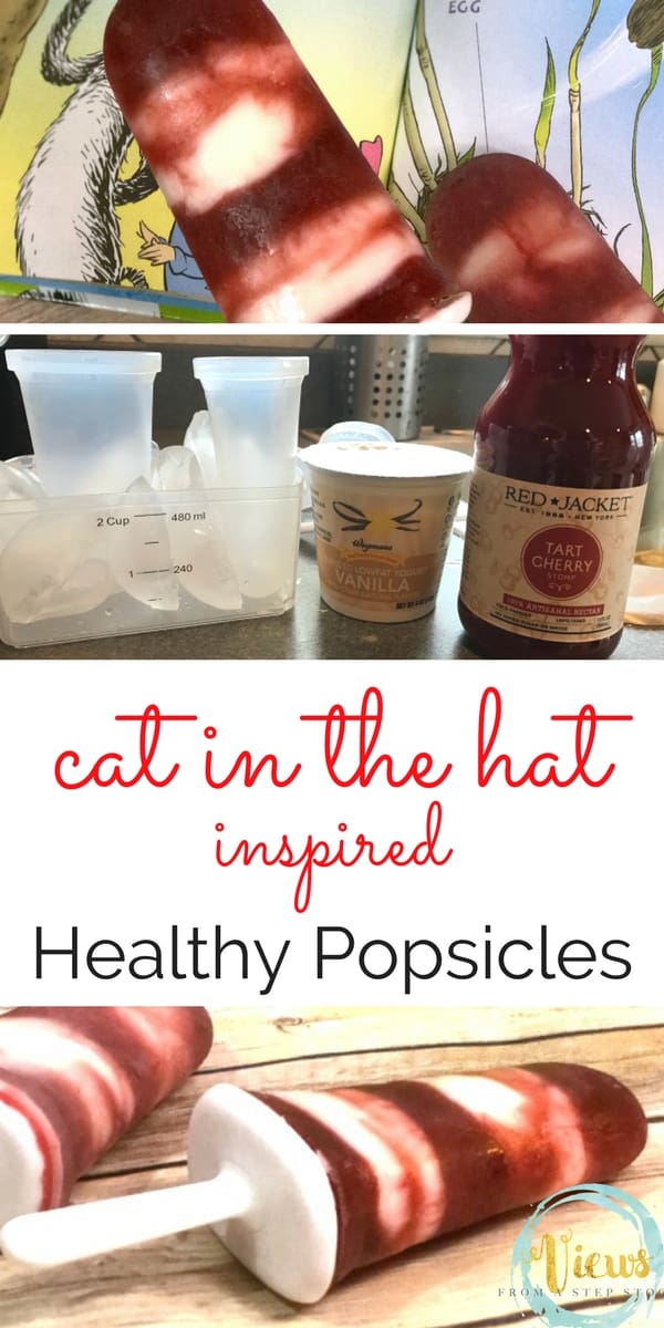 These healthy Cat in the Hat inspired popsicles are the perfect treat on a hot day, or when celebrating Dr. Seuss! Kids will love these!