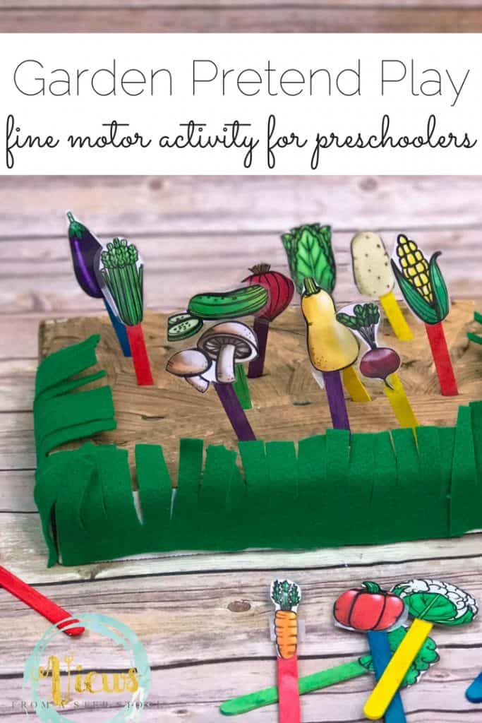 This fine motor garden pretend play activity is perfect for preschoolers! They are learning so much from this project, from vegetable identification, how plants grow and even fine motor exercise.
