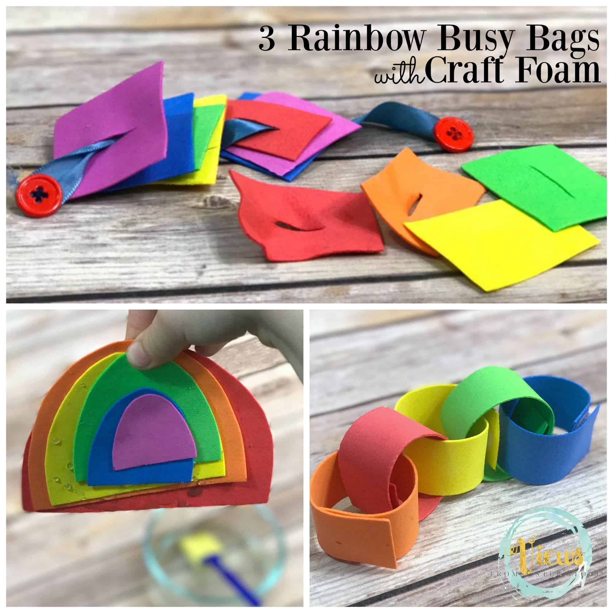 These rainbow busy bags are all made from craft foam bought in bulk at the Dollar Tree! Great for keeping kids entertained and practicing fine motor skills!