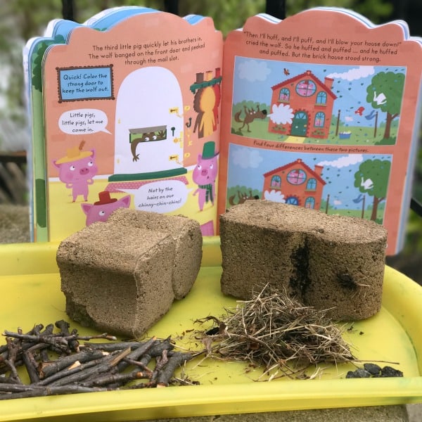 Do a 3 Little Pigs STEM challenge! Build houses out of straw, sticks and stone, then huff and puff and blow them down!