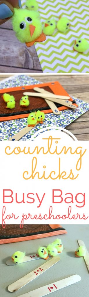 This counting chicks busy bag is great for preschoolers to work on counting practice, and for toddlers to work on some small motor skills and color identification.