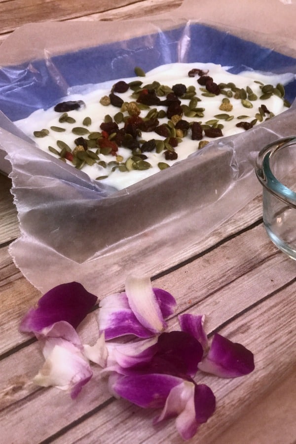 My kids LOVED making this edible flower bark! Not only was it tasty (and healthy), but there are so many fine motor and math skills to work on with kids in the kitchen! 