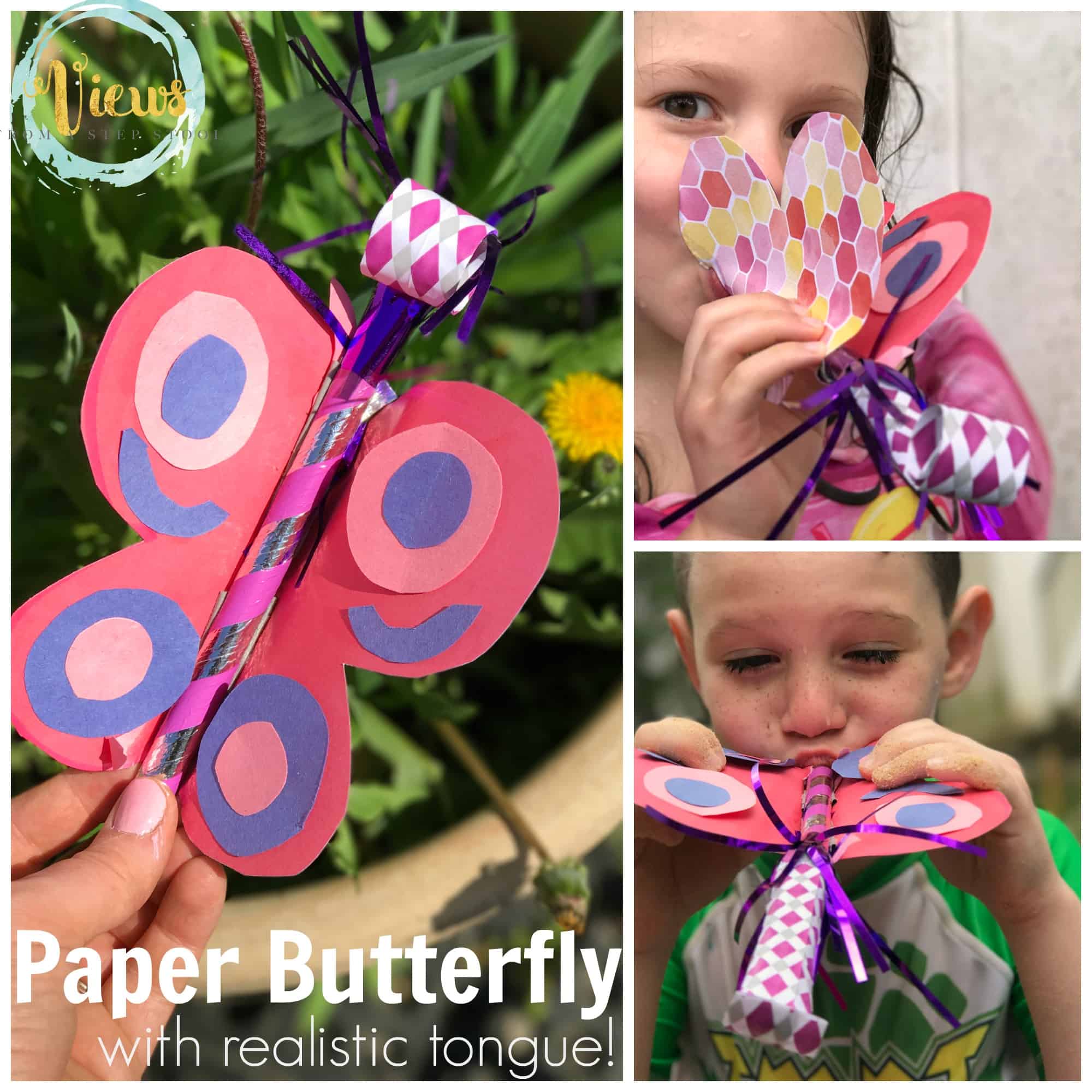This paper butterfly craft for kids has a party horn as a realistic tongue for pretend play! 