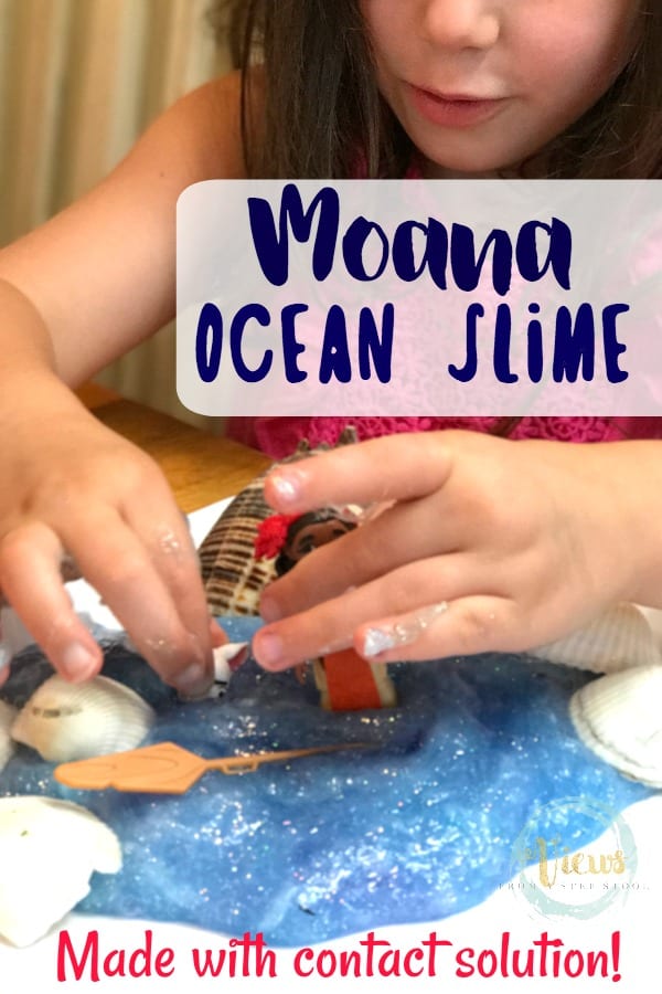 This Moana ocean slime has the perfect texture for sensory play and is made without borax, using contact solution instead with Moana toys and shells. 