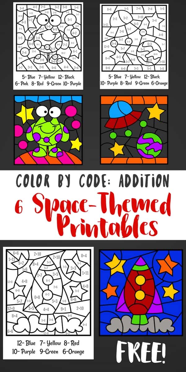 These space coloring sheets encourage kids to color by code. Solving addition problems gives you the answer of which color to use in each section. 