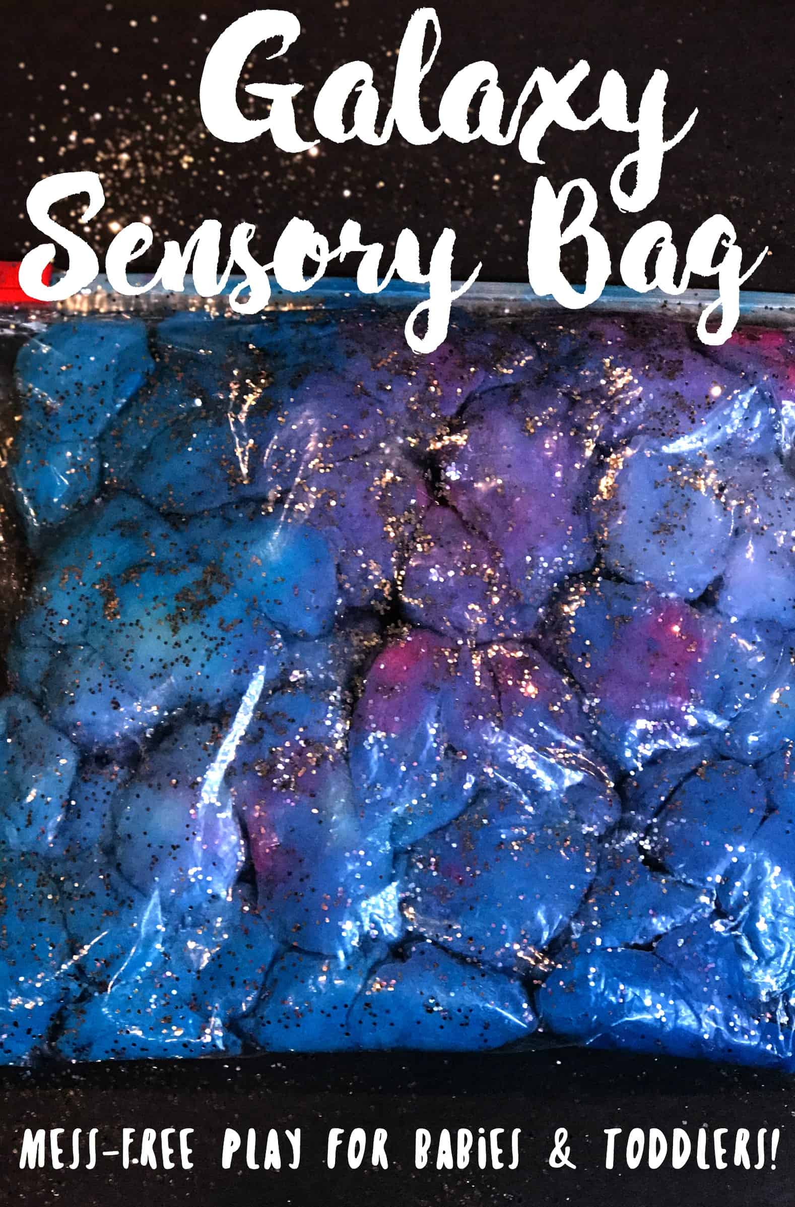 This space sensory bag is like a galaxy or a nebula that kids can hold in their hands and squish! A mess-free sensory experience for babies and toddlers.