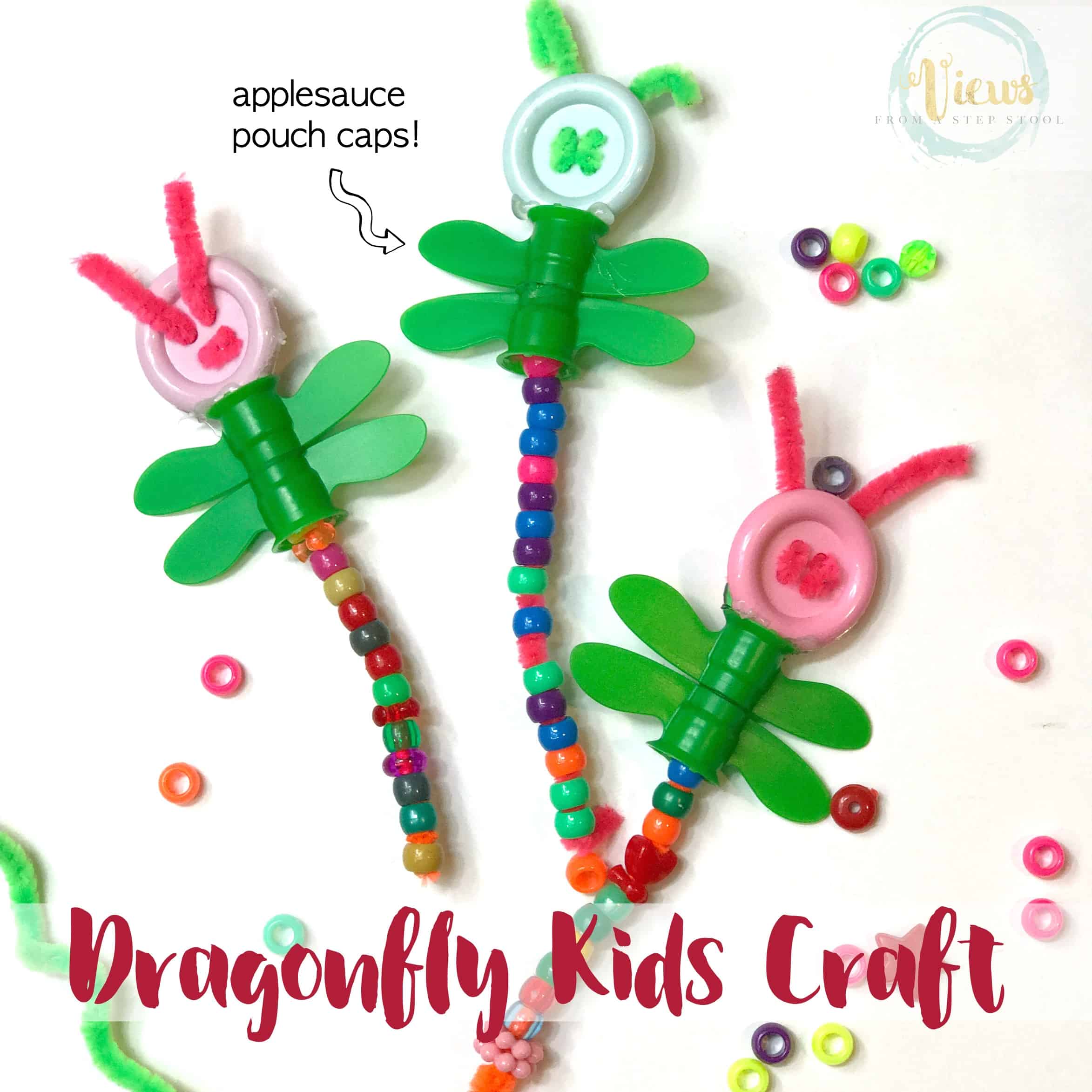 Use applesauce pouch caps to create this cute dragonfly kids craft! A fun upcycled fine motor activities for kids of many ages.