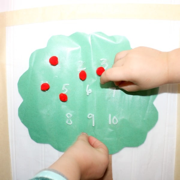 This sticky wall is perfect for the Fall as a fun apple-themed activity to do with kids. Pairs perfectly with the book, Ten Red Apples. 
