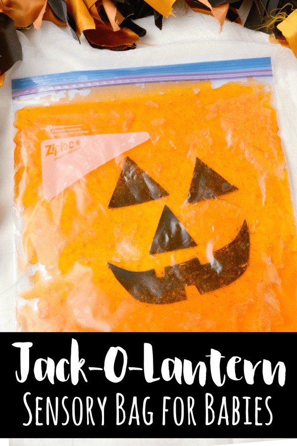 This jack-o-lantern sensory bag for babies is the perfect way to engage young kids in sensory play for Halloween and the Fall.