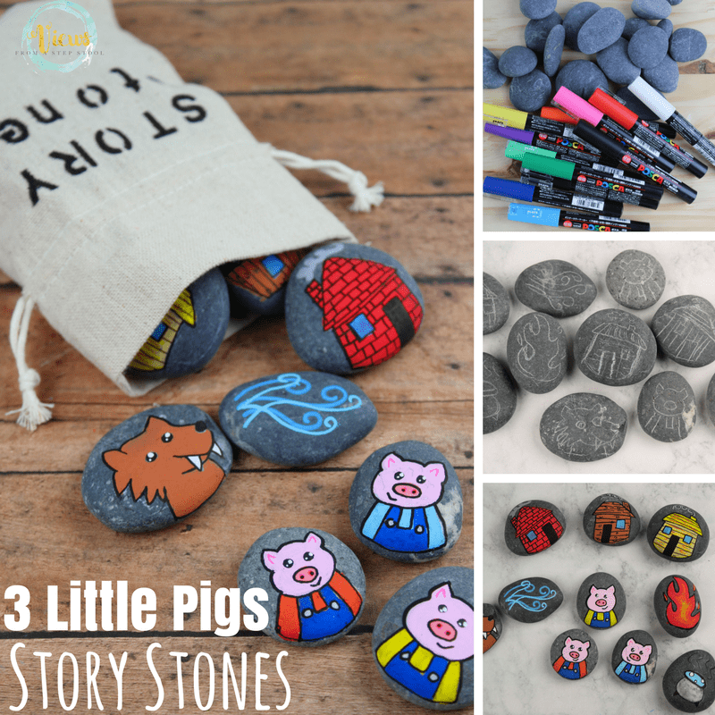 3 little pigs story stones square collage