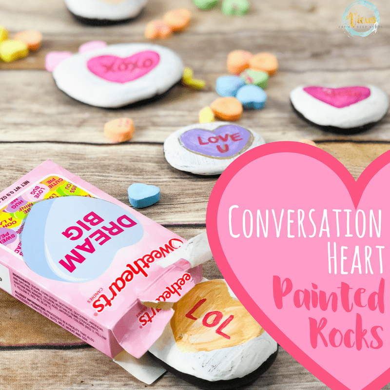 These conversation heart painted rocks take a spin on a classic Valentine's Day treat. Kids can play with or exchange these heart painted rocks!