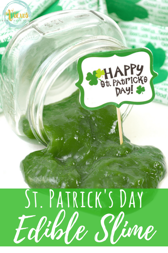 Green edible slime in glass jar with St. Patrick's Day flag