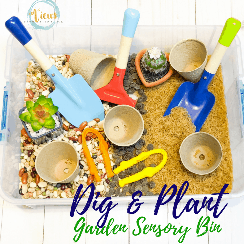 A garden sensory bin containing brown rice and dried beans. Perfect for talking about the importance of gardening and the plant life cycle.