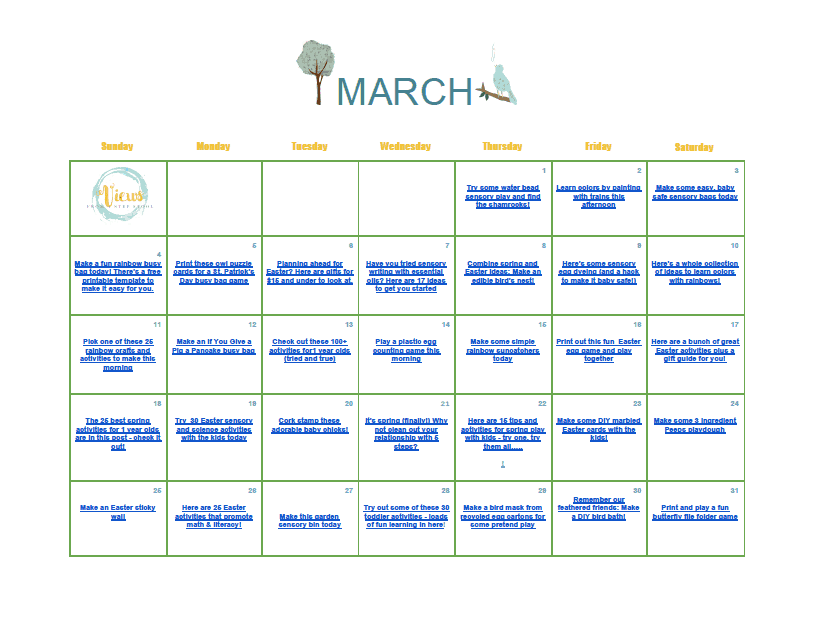 March kids activities in a clickable calendar. Download and save for free and keep your kids busy and learning all month long.