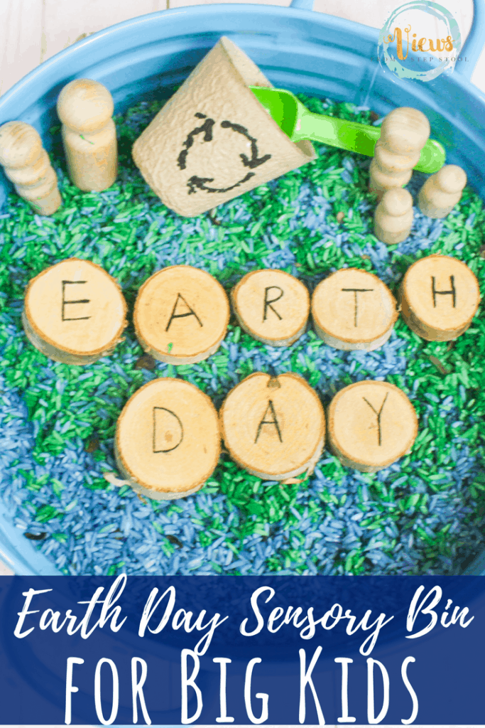 This Earth Day sensory bin uses blue and green colored rice, along with some natural wooden elements to create a fun and engaging bin for play and learning.