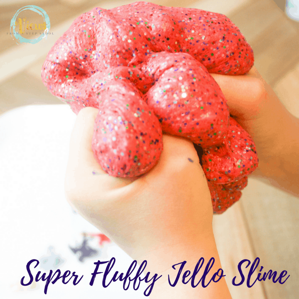 This fluffy jello slime recipe uses a base of contact solution, white glue and baking soda, and adds a fluffy component, jello! 