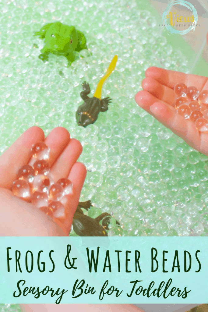 This sensory bin displays the life cycle of a frog for kids. Containing water beads that resemble frog eggs, kids can sort, read and learn while playing!