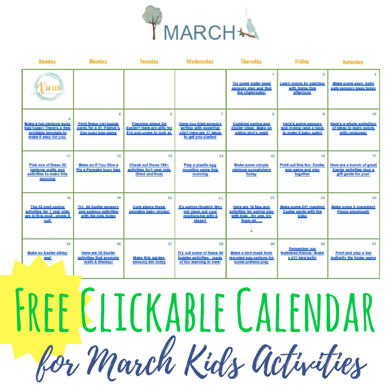 March kids activities in a clickable calendar. Download and save for free and keep your kids busy and learning all month long.