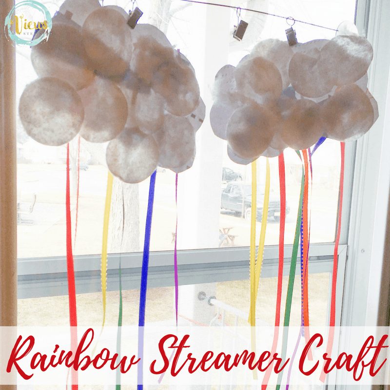 This rainbow streamer craft uses recycled materials and colorful ribbon to make a rainbow hanging from a cloud. The perfect Spring craft for all ages. 