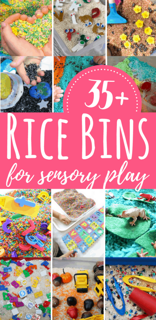 These rice bins are excellent for sensory play with kids. From scented rice and colored rice to seasonal sensory bins, these are great for play & learning.