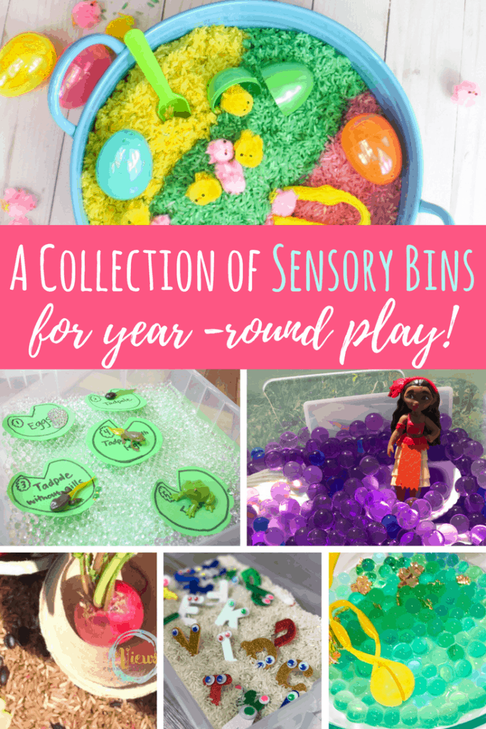 This collection of sensory bins for kids includes content to be used year round or seasonally for early learning at home or in the classroom.